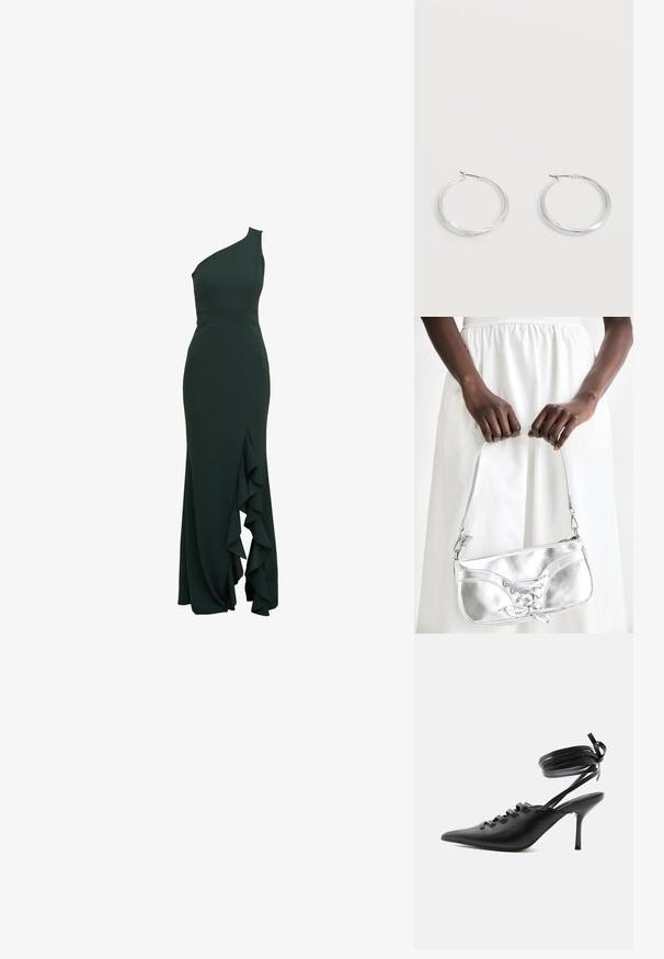 Robe asymétrique de couleur vert foncé au design ajusté, avec un détail volants sur le côté, fabriquée dans un tissu lisse et dotée d'une silhouette structurée.; Chaussure à talon haut noire à bout pointu avec laçage à l'avant et brides enroulées autour de la cheville nouées en nœud, vue de côté sur fond blanc.; Sac à main en métal argenté avec un détail à lacets, arborant un design épuré et une courte sangle. Le sac est tenu dans les mains, mettant en valeur sa texture.; Boucles d’oreilles créoles en métal argenté avec une surface lisse légèrement incurvée et des fermoirs à clapet sur un fond blanc uni.