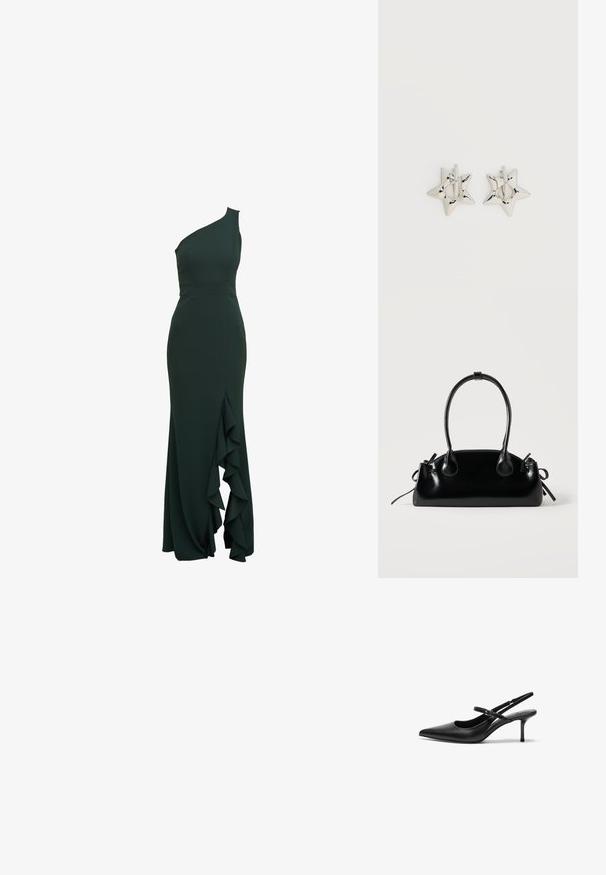 Eén-schouder, donkergroene jurk in een aansluitend ontwerp met een rucherichting langs de zijkant, gemaakt van smooth stof en met een gestructureerd silhouet.; Zwarte leren slingback hakken met een puntige neus, slanke verstelbare band en een ongeveer 5 cm hoge stiletto hak, met een gladde textuur.; Kleine zwarte glanzende handtas met twee lange hengsels en zijkant trekkoord details op een effen lichte achtergrond.; Zilverkleurige stervormige oorringen met een gladde, gepolijste afwerking op een effen witte achtergrond.