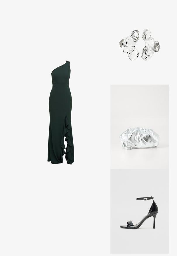 Eén-schouder, donkergroene jurk in een aansluitend ontwerp met een rucherichting langs de zijkant, gemaakt van smooth stof en met een gestructureerd silhouet.; Zwarte lakleren sandaal met hoge hakken, een open teen, een enkele band aan de voorkant en een verstelbare enkelband.; Metalen zilveren clutch tas met een zachte, geplooide body en een dunne schouderriem. Kenmerkt zich door een gladde, glanzende textuur en afgeronde vorm.; Cluster van zes onregelmatig gevormde, doorschijnende en reflecterende glasachtige stukken die zijn gerangschikt op een witte achtergrond.