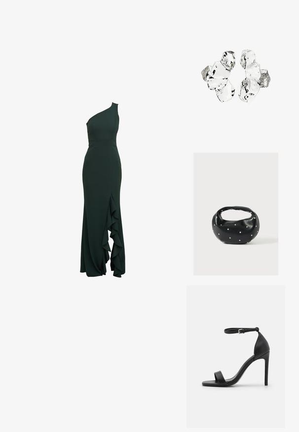 En-skulder, mørkegrøn kjole i et tætsiddende design med volangdetalje langs siden, lavet af glat stof og med en struktureret silhuet.; Sort højhælet sandal med et sleek design, der har en ankelrem, åben tå og glat lædertekstur.; Sort læderhåndtaske med en rundet form, dekoreret med sølvnitter, og et kort håndtag. Glat tekstur og lynlåslukning.; Klynge af seks uregelmæssigt formede, gennemsigtige og reflekterende glaslignende stykker arrangeret på en hvid baggrund.