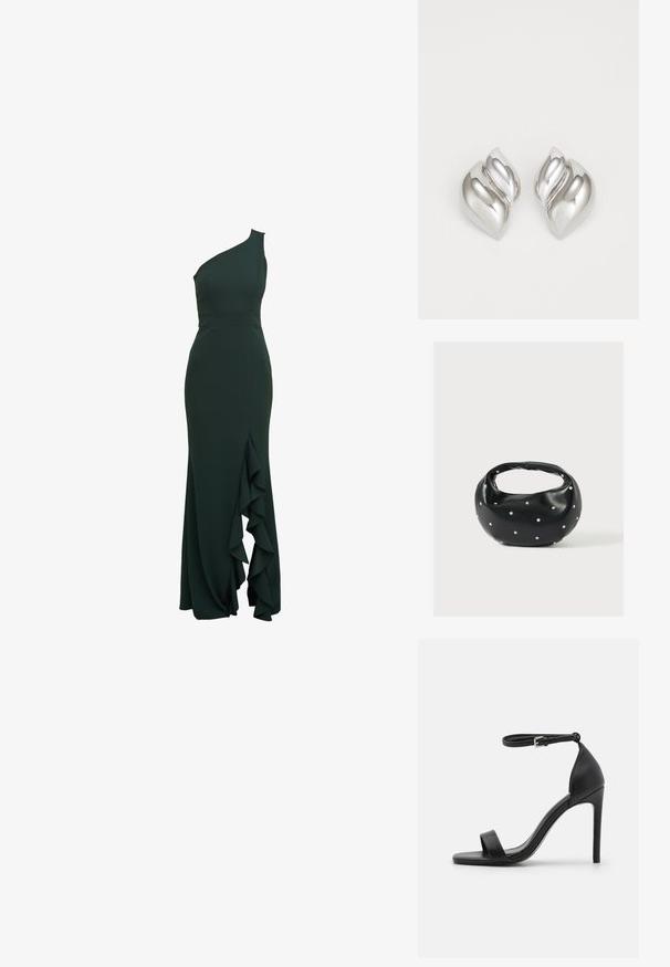 Eén-schouder, donkergroene jurk in een aansluitend ontwerp met een rucherichting langs de zijkant, gemaakt van smooth stof en met een gestructureerd silhouet.; Zwarte sandalen met hoge hakken, met een slank ontwerp, voorzien van een enkelbandje, open teen en een gladde leren textuur.; Zwarte leren handtas met een afgeronde vorm, versierd met zilveren studs, en een korte handgreep. Gladde textuur en ritsluiting.; Zilveren oorbellen met een organische, abstracte vorm. Gladde, glanzende oppervlakte met een taps toelopend ontwerp. Beschikken over subtiele rondingen en een centrale lijn detail.