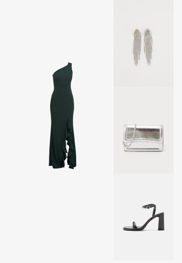 Robe asymétrique de couleur vert foncé au design ajusté, avec un détail volants sur le côté, fabriquée dans un tissu lisse et dotée d'une silhouette structurée.; Call it Spring Sandales - black; Pochette métallique argentée avec une texture lisse, fermeture rabat et une bandoulière en chaîne. Présente un design rectangulaire structuré et des accents cousus.; Boucles d'oreilles en argent présentant un design en cascade avec plusieurs rangées de strass scintillants, des pointes effilées et de délicates nuances de chaîne.