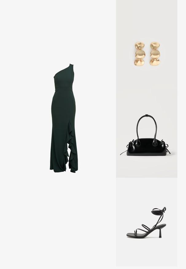 Robe asymétrique de couleur vert foncé au design ajusté, avec un détail volants sur le côté, fabriquée dans un tissu lisse et dotée d'une silhouette structurée.; Sandale noire à lanières avec un bout carré, des liens de cheville réglables et un talon carré fin. Fabriquée en un matériau lisse et durable.; Petit sac à main noir brillant avec deux longues anses et des détails à cordon sur les côtés sur un fond clair uni.; Boucles d’oreilles pendantes ton or avec trois segments irréguliers, lisses et arrondis empilés verticalement sur un fond clair uni.