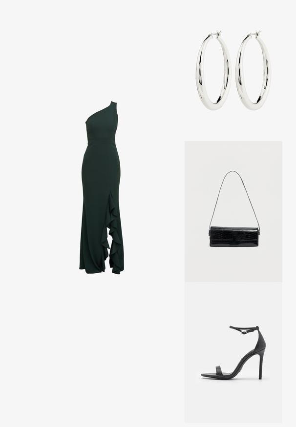 Eén-schouder, donkergroene jurk in een aansluitend ontwerp met een rucherichting langs de zijkant, gemaakt van smooth stof en met een gestructureerd silhouet.; Zwarte hoge hakken sandalen met een open teen, dunne banden en een enkelsluiting. Gladde leren textuur met een puntige neus.; Zwarte schoudertas van imitatie-krokodillenleer, rechthoekige vorm, glanzende textuur, met een dunne verstelbare schouderriem en een voorflap met sluiting.; Zilveren creool oorbellen met een gladde, reflecterende oppervlak. Ronde, grote vorm met een veilige sluiting aan de bovenkant. Gepolijste afwerking toont de glans.