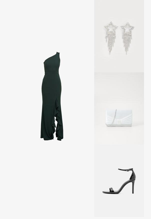 Eén-schouder, donkergroene jurk in een aansluitend ontwerp met een rucherichting langs de zijkant, gemaakt van smooth stof en met een gestructureerd silhouet.; Zwarte gepatineerde leren hoge hak sandalen met een slanke enkelband, open teen, minimalistisch ontwerp en een gladde, glanzende afwerking.; Lichtblauwe clutch met een geplooid ontwerp. Heeft een rechthoekige vorm, kettinghengsel en een gladde textuur met een centraal accent.; Rhinestone ster oorbellen met waterval franje, in een zilverkleurige tint en een glanzend, reflecterend oppervlak. Stervorm met ingewikkeld ontwerp.