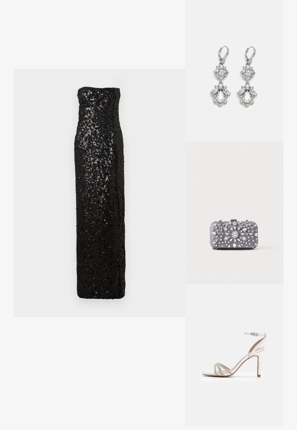 Must musta õhtukleit ilma rihmadeta, kitsas siluetiga, kaetud litritega, sirge kaeluse ja põrandapikkusega hemiga.; Hõbedane kõrge kontsaga sandaal mitme rihmaga, millel on rhinestone aktsendid, avatud varbaga disain ja pahkluu pannal. Sile metallikviimistlus.; Väike ristkülikukujuline tumehall käekott, kaunistatud selgete kristallidega kiirgavas mustris ja hõbedase kettaga rihm.; Hõbedatoonilised kõrvarõngad, mis sisaldavad mitmeid läbipaistvaid kristalle tilgakuju ja marquise kujudes, koos lukustatavate riiulitega ja keeruka nikerdustega.