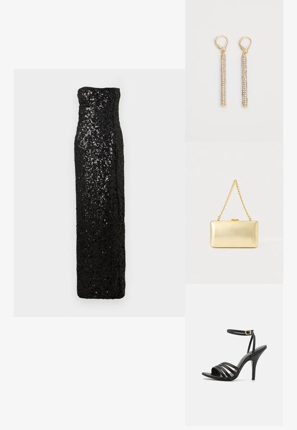 Sort aftenkjole uden stropper med en tætsiddende silhuet, dækket af palietter, med en lige udskæring og en gulvlængdekant.; Sort stiletto sandal med remme, en slank ankelrem, åben tå og en glat finish. Har en slank hæl og et tekstureret remdesign.; Rektangulær guld clutch taske med skinnende overflade, metal-lås og kort guldkædehank mod en lys ensfarvet baggrund.; Guldtonede øreringe med lange, slanke stænger prydet med små klare rhinsten. Lever-back lukninger øverst for sikker bæring.