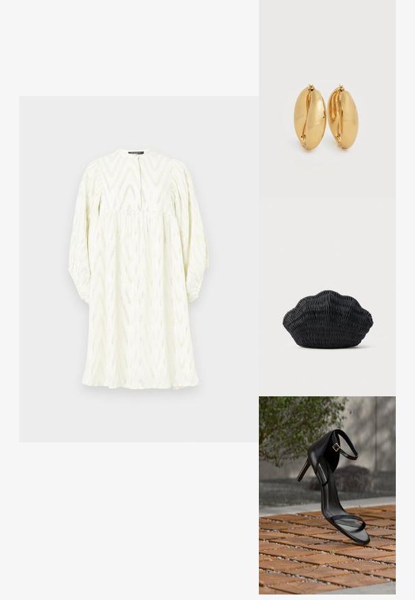 Vestido blanco con cuello alto, mangas largas y abullonadas, y patrón de zigzag. Fabricado en un tejido texturizado con sutiles acentos metálicos.; Sandalia negra de tacón alto con correa en el tobillo, parece suspendida sobre un suelo de baldosas de madera al aire libre, con un fondo difuminado de vegetación y piedra.; Bolso de mimbre negro con forma de concha de vieira con parte superior curva y textura tejida sobre un fondo liso.; Par de pendientes de aro gruesos con acabado dorado pulido, con un diseño ligeramente ovalado y robusto, con cierres de bisagra sobre un fondo blanco.