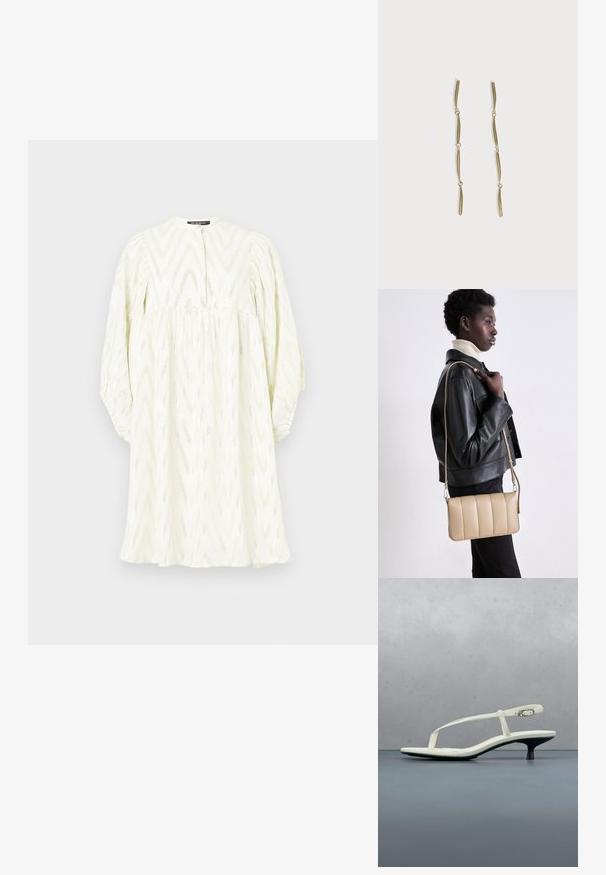 Weißes Kleid mit hohem Kragen, langen Puffärmeln und Zickzackmuster. Hergestellt aus strukturiertem Stoff mit dezenten metallischen Akzenten.; Weiße Riemchenpantolette mit kitten heel und spitz zulaufender Zehenpartie, schwebt über einem Holzkachelboden im Freien mit verschwommenem Pflanzen- und Wandhintergrund.; Beige Leder-Crossbody-Tasche mit gestepptem Muster, rechteckiger Form, dünnem Trageriemen und silberner Hardware, getragen von einer Person in einer schwarzen Jacke.; Lange goldene Ohrringe, bestehend aus vier verlängerten verbundenen gebogenen Stäben auf weißem Hintergrund.