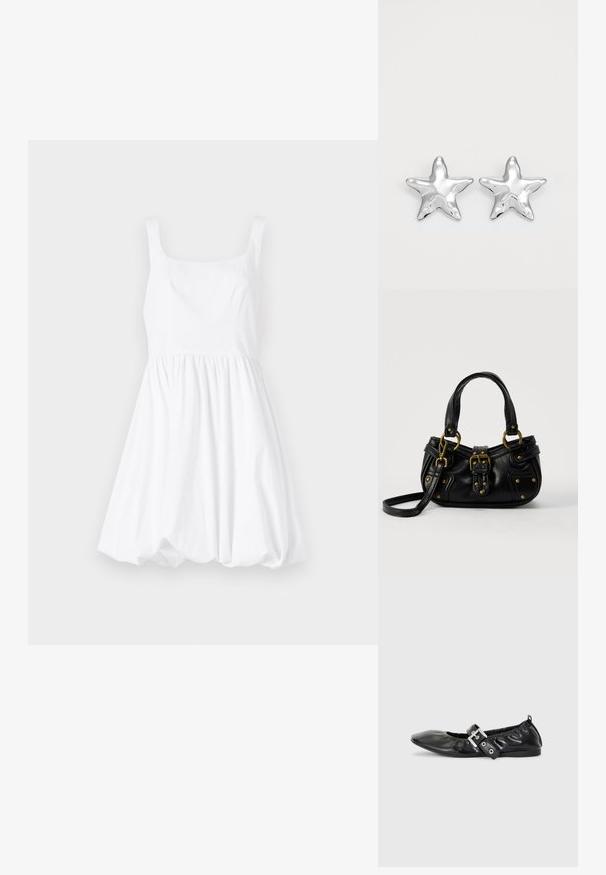 Vestido de algodón blanco con escote cuadrado, tirantes finos y falda acampanada, creando una silueta voluminosa.; Zapato plano de piel negra con puntera afilada, detalle fruncido alrededor de la abertura y un acento de hebilla plateada en la correa ajustable.; Bolso de cuero negro con hebilla y detalles de remaches dorados, asas cortas y una correa de hombro ajustable sobre un fondo blanco liso.; Pendientes en forma de estrella plateada con una superficie pulida y brillante. Cada pendiente presenta cinco puntas y sutiles detalles de textura en la superficie.