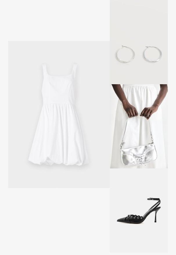 Vestido de algodón blanco con escote cuadrado, tirantes finos y falda acampanada, creando una silueta voluminosa.; Zapato de tacón alto negro con punta fina, bordes ondulados, ojales metálicos, cordones delanteros y una correa en el tobillo con cierre de hebilla.; Bolso metálico plateado con detalle de cordones, que presenta un diseño elegante y una correa corta. El bolso está sostenido con las manos, mostrando su textura.; Pendientes de aro de metal plateado con superficie lisa y ligeramente curvada y cierre de tipo mosquetón sobre un fondo blanco liso.