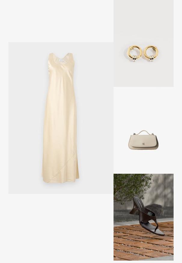 Vestido sin mangas de satén en color beis claro con escote redondo, silueta recta, abertura lateral y textura suave.; Sandalia de tiras con tacón marrón de Calvin Klein suspendida sobre suelo exterior de loseta de madera y grava, con fondo desenfocado de vegetación y piedras.; Pequeño bolso de mano de cuero beige con asa superior y logo plateado de CK en la solapa frontal, mostrado sobre un fondo blanco.; Pendientes circulares de oro con dos pequeños anillos de plata en cada uno, que muestran detalles sutiles del nombre de la marca grabado, colocados sobre un fondo blanco.