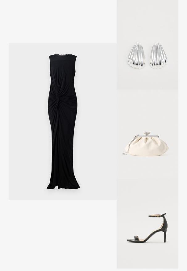 Schwarzes ärmelloses Kleid aus glattem Stoff, mit einer verdrehten Detail am Bund und einem bodenlangen Design. Schlichter runder Ausschnitt.; Schwarze Leder-high-heeled Sandale mit Knöchelriemen. Verfügt über eine glatte Textur, offene Zehen und einen dünnen Absatz. Goldfarbener Schnallenakzent.; Cremefarbene Stoff-Clutch mit gerafftem Design, silbernem Metallrahmen, zwei dekorativen Kugeln und einem silbernen Kettenriemen.; Ein Paar glänzende silberne, gerippte muschelförmige Ohrringe auf einem schlichten weißen Hintergrund, die reflektierende und glatte Oberflächen zeigen.