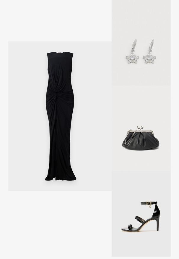 Vestido negro sin mangas hecho de una tela suave, con un detalle retorcido en la cintura y un diseño hasta el suelo. Cuello redondo simple.; Sandalia de charol negro con tres correas, hebilla en el tobillo y tacón de aguja de 10 cm. Presenta detalles de hardware en oro y un charm con el logo.; Clutch de cuero negro con textura arrugada, marco de metal en tono plateado, cierre de beso y cadena para colgar. Superficie suave y lisa.; Pendientes de tono plateado con un diseño floral que incluye múltiples piedras preciosas transparentes, incluyendo piedras de corte redondo y marquesa, y un cierre articulado.