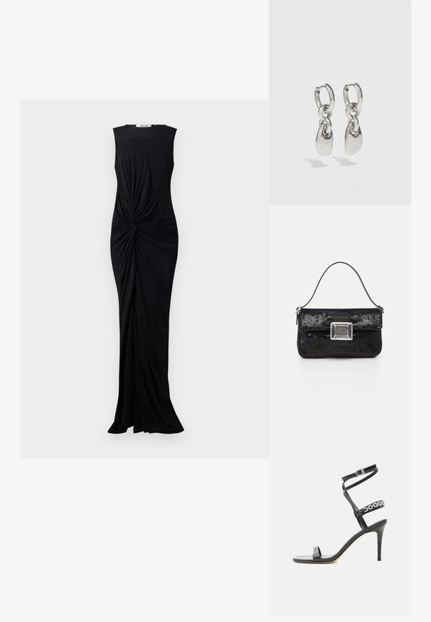 Robe noire sans manches en tissu lisse, avec un détail torsadé à la taille et une conception longue au sol. Encolure ronde simple.; Sandale noire à talon haut avec fine bride à la cheville, bride médiane décorée de maillons de chaîne argentés, et design à bout ouvert.; Sac à main noir à paillettes avec un fermoir en acrylique rectangulaire et une seule poignée. Il présente une texture lisse et une forme rectangulaire compacte.; Boucles d'oreilles en argent avec des maillons ovales allongés, présentant une finition polie et un pendentif tombant texturé. Design simple avec des bords lisses.