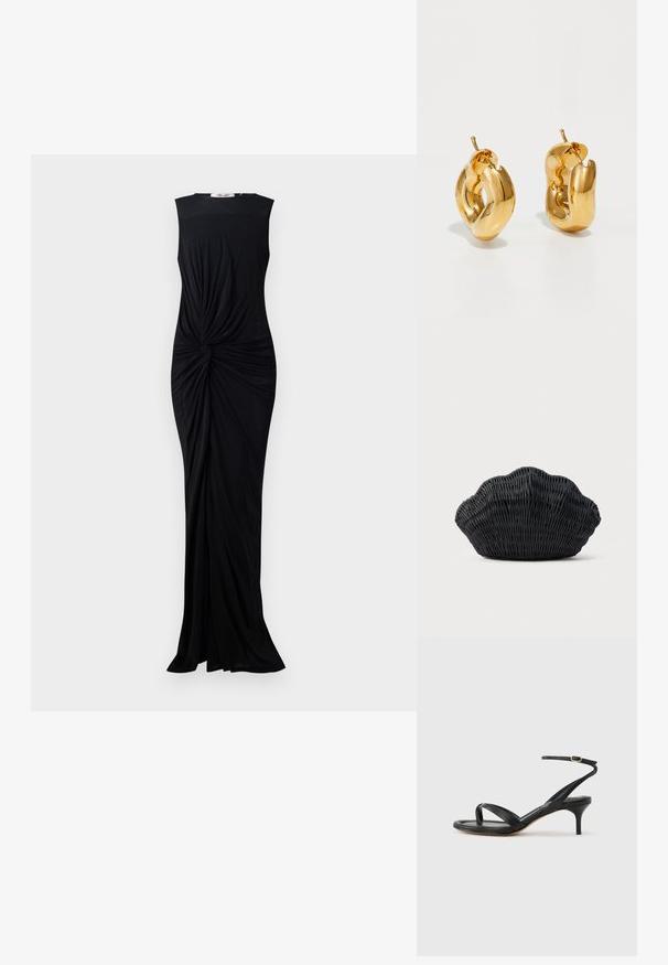 Schwarzes ärmelloses Kleid aus glattem Stoff, mit einer verdrehten Detail am Bund und einem bodenlangen Design. Schlichter runder Ausschnitt.; Schwarze Ledersandale für Damen mit dünnen Riemchen, einer Zehenlasche, einer Knöchelschnalle und einem mittelhohen Stöckelabsatz vor neutralem Hintergrund.; Schwarze Korbtasche in Muschelform mit gebogenem Oberteil und gewebter Textur auf einfarbigem Hintergrund.; Fette goldene Creolen mit einem leicht verdrehten, röhrenförmigen Design und Steckverschlüssen auf einem weißen Hintergrund.
