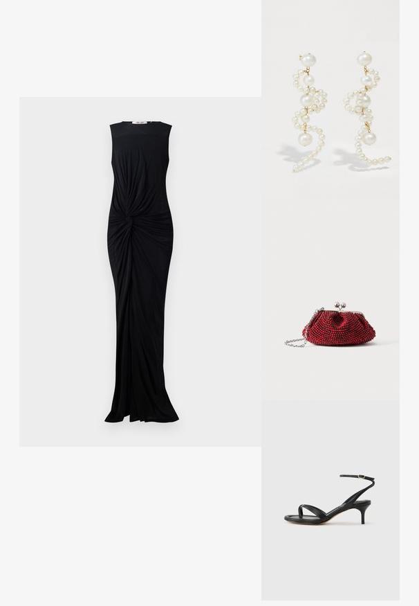 Vestido negro sin mangas hecho de una tela suave, con un detalle retorcido en la cintura y un diseño hasta el suelo. Cuello redondo simple.; Sandalia negra de cuero para mujer con tiras finas, un lazo para el dedo del pie, hebilla en el tobillo y tacón de aguja de altura media sobre un fondo neutro.; Pequeño bolso de mano rojo con cuentas, cierre plateado y correa de cadena sobre un fondo blanco liso.; Pendientes de perlas blancas con un diseño retorcido, que presentan perlas de diferentes tamaños y acentos dorados. Textura suave y forma elegante.