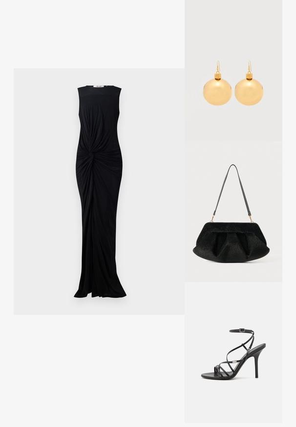 Vestido negro sin mangas hecho de una tela suave, con un detalle retorcido en la cintura y un diseño hasta el suelo. Cuello redondo simple.; Sándalo negro de tacón alto con tiras finas, hebilla en el tobillo, superficie de cuero suave y tacón de aguja esbelto.; Bolso de mano negro con textura y acabado de piel sintética suave. Presenta un diseño fruncido, fondo plano y una correa de cuero delgada y ajustable. Detalles en dorado.; Par de pendientes de bola navideña dorados brillantes con cierre de gancho sobre un fondo blanco liso.