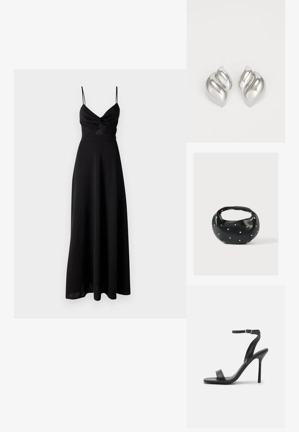 Schwarzes Maxikleid mit tailliertem Oberteil, Dreh-Detail an der Brust, dünnen Spaghetti-Trägern und einem fließenden Rock. Hergestellt aus weichem, leichtem Stoff.; Schwarze High-Heels-Sandalen mit schlankem Knöchelriemen und zwei vorderen Riemen. Aus glattem Leder gefertigt, mit einer eleganten spitzen Zehenform und einem Stiletto-Absatz.; Schwarze Lederhandtasche mit abgerundeter Form, verziert mit silbernen Nietenakzenten und kurzem Griff. Glatte Struktur und Reißverschlussverschluss.; Silberne Ohrringe mit einer organischen, abstrakten Form. Glatte, glänzende Oberfläche mit einem konischen Design. Mit dezenten Kurven und einem zentralen Linienelement.