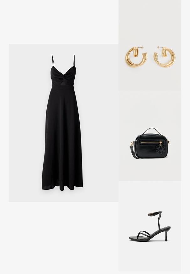 Schwarzes Maxikleid mit tailliertem Oberteil, Dreh-Detail an der Brust, dünnen Spaghetti-Trägern und einem fließenden Rock. Hergestellt aus weichem, leichtem Stoff.; Schwarze High-Heels-Sandalen mit einem schmalen Riemendesign, glatter Textur, Knöchelverschluss und einer spitzen Fußspitze. Verstellbares Knöchelriemchen.; Kompakte schwarze Leder-Umhängetasche mit goldenem Reißverschluss, kleinem oberem Griff, abnehmbarem Riemen und schwarzem blumenförmigem Anhänger an der Fronttasche.; Paar glänzende goldene Doppel-Loop-Creolen mit Steckverschlüssen vor weißem Hintergrund.