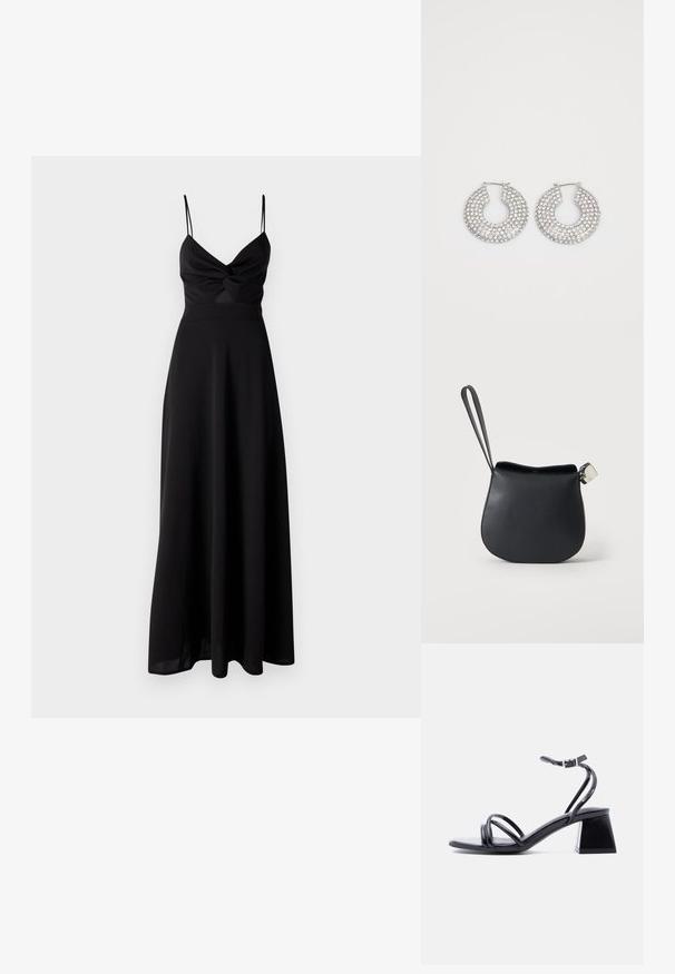 Zwarte maxi-jurk met een aansluitende bodice, draaite detail bij de borst, dunne spaghettibandjes en een vloeiende rok. Gemaakt van zachte, lichtgewicht stof.; Zwarte sandaal met open teen, smalle banden, een enkelbandje met gesp en blokhak, zijaanzicht op een effen lichte achtergrond.; Zwart leren polstasje met afgeronde bodem en zilveren gesp op een effen witte achtergrond.; Zilveren hoepeloorbellen versierd met meerdere heldere kristalaccenten, met een gestructureerd oppervlak en een open cirkelvormig ontwerp.