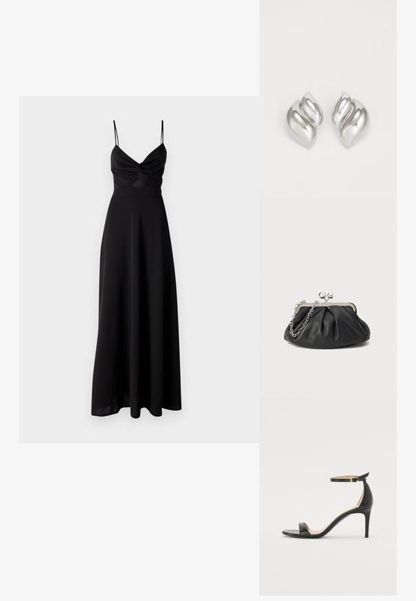 Schwarzes Maxikleid mit tailliertem Oberteil, Dreh-Detail an der Brust, dünnen Spaghetti-Trägern und einem fließenden Rock. Hergestellt aus weichem, leichtem Stoff.; Schwarze Leder-high-heeled Sandale mit Knöchelriemen. Verfügt über eine glatte Textur, offene Zehen und einen dünnen Absatz. Goldfarbener Schnallenakzent.; Schwarze Leder-Clutch mit geraffter Textur, silberfarbener Metallrahmen, Druckverschluss und Kettenriemen. Glatte, weiche Oberfläche.; Silberne Ohrringe mit einer organischen, abstrakten Form. Glatte, glänzende Oberfläche mit einem konischen Design. Mit dezenten Kurven und einem zentralen Linienelement.