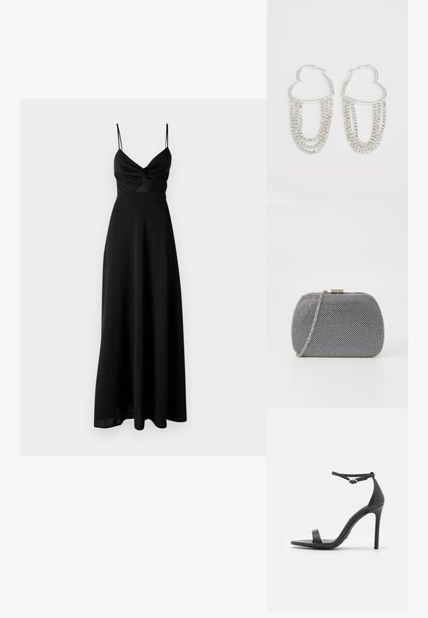 Zwarte maxi-jurk met een aansluitende bodice, draaite detail bij de borst, dunne spaghettibandjes en een vloeiende rok. Gemaakt van zachte, lichtgewicht stof.; Zwarte hoge hakken sandalen met een open teen, dunne banden en een enkelsluiting. Gladde leren textuur met een puntige neus.; Zwart-witte textuur clutch tas met een ronde vorm, zilveren kettingband en een metalen sluiting aan de bovenkant.; Zilveren oorringen in de vorm van een hart, versierd met watervalletjes van heldere rhinestones voor extra sprankeling en textuur.