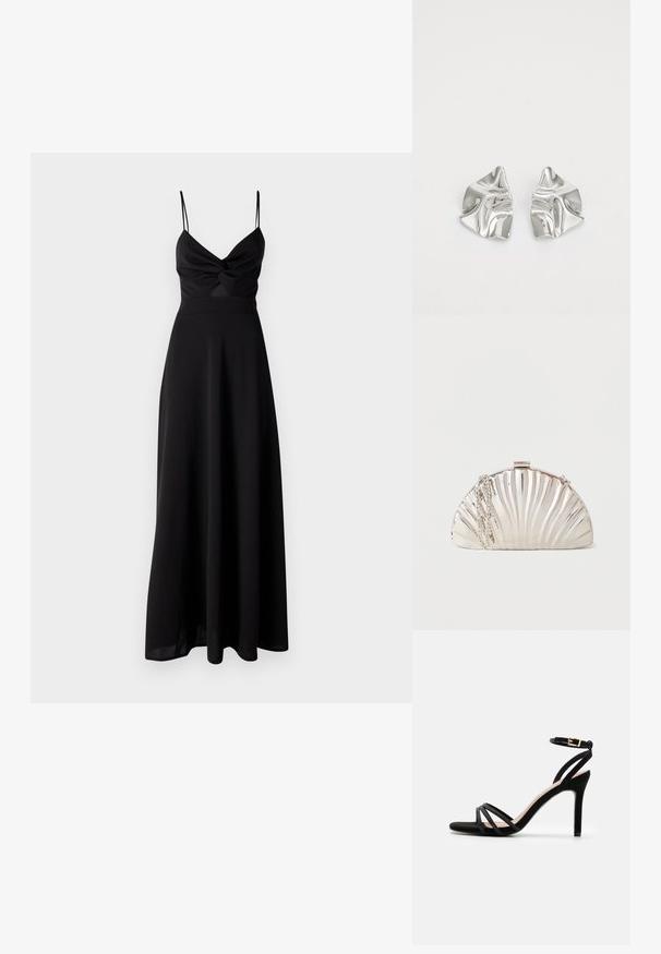 Sort maxi kjole med en tætsiddende overdel, tvistet detalje ved brystet, tynde spaghetti stropper og en svajende nederdel. Lavet af blødt, let stof.; Anna Field Sandaler - black; Metallisk sølv clutch-taske formet som en muslingeskal med en sølvkæde hængende på siden.; Sølvmetal øreringe med et bølgende, skulpturelt design, der har en poleret overflade og uregelmæssige former, hvilket fremhæver en moderne æstetik.
