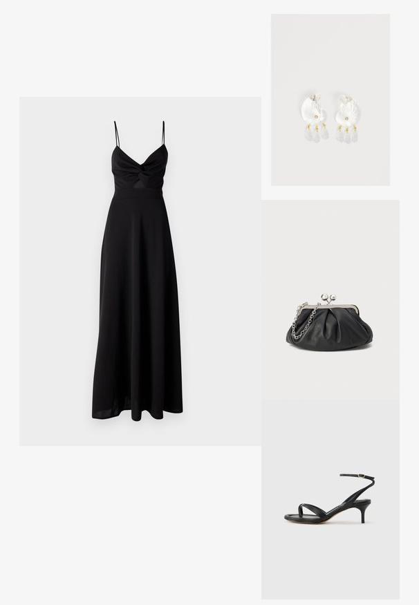 Zwarte maxi-jurk met een aansluitende bodice, draaite detail bij de borst, dunne spaghettibandjes en een vloeiende rok. Gemaakt van zachte, lichtgewicht stof.; Zwarte leren dames sandaal met dunne bandjes, een teengreep, een enkelgesp en een stilettohak van gemiddelde hoogte op een neutrale achtergrond.; Zwarte leren clutch met geplooide textuur, zilverkleurig metalen frame, drukknopsluiting en kettingriem. Glad, zacht oppervlak.; Duidelijke hars oorbellen in schelpvorm met kleine gouden accenten en drie hangende doorschijnende druppelvormige bedels aan elk oorbel.