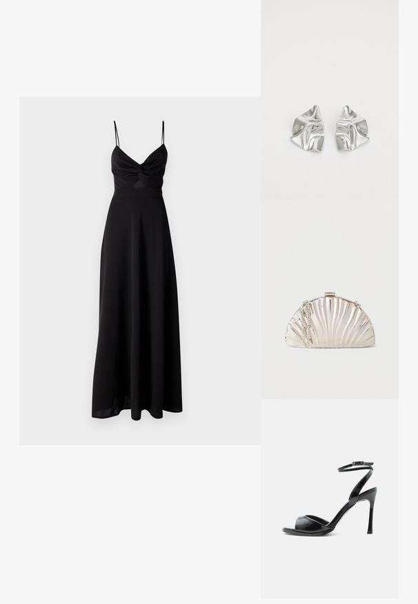 Schwarzes Maxikleid mit tailliertem Oberteil, Dreh-Detail an der Brust, dünnen Spaghetti-Trägern und einem fließenden Rock. Hergestellt aus weichem, leichtem Stoff.; Schwarze Sandalette mit hohem Absatz, offenem Zehenbereich, schlankem Stiletto-Absatz und Knöchelriemen mit Schnalle vor weißem Hintergrund.; Metallische silberne Clutch in Muschelform mit einer silbernen Kettenriemen, der seitlich drapiert ist.; Silberne Metallohrringe mit einem wellenförmigen, skulpturalen Design, das eine polierte Oberfläche und unregelmäßige Formen aufweist, die eine zeitgenössische Ästhetik betonen.