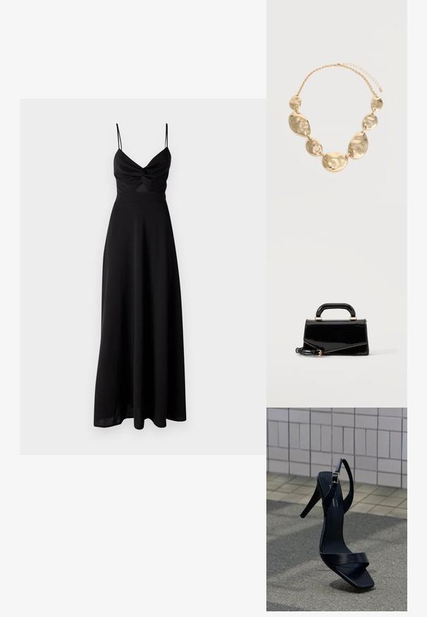 Schwarzes Maxikleid mit tailliertem Oberteil, Dreh-Detail an der Brust, dünnen Spaghetti-Trägern und einem fließenden Rock. Hergestellt aus weichem, leichtem Stoff.; Schwarze Sandale mit hohem Absatz, Knöchelriemen und quadratischer Spitze, auf dem Pflaster vor einem gefliesten Wandhintergrund positioniert.; Schwarze glänzende rechteckige Handtasche mit oberem Griff, goldener Hardware und abnehmbarem Riemen, auf hellem einfarbigem Hintergrund platziert.; Goldfarbene Kettenkette mit sechs unregelmäßigen, gehämmerten ovalen und runden Metallplatten, die miteinander verbunden sind und einen verstellbaren Verschluss haben.