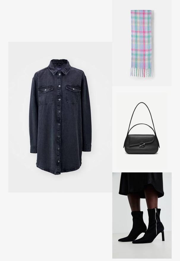 Mørk denim skjorte med krave, lange ærmer, frontknapper og to brystlommer. Har en let løs pasform og buet nederkant.; Sorte ankelstøvler med en strækbart stofoverdel, spids tå og en sidelukning med lynlås, sat på en slank, høj hæl.; Rudet tørklæde i blød uldblanding; har en lys lilla bund med pink, grønne og gule striber; afsluttet med frynser i kanten.; Sort læderhåndtaske med afrundede kanter, asymmetrisk klap, metalcirkulært spænde samt både korte og lange skulderstropper.