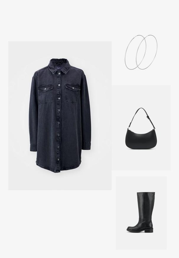 Dunkelblaustes Denim-Hemd mit Kragen, langen Ärmeln, vorderem Knopfverschluss und zwei Brusttaschen. Hat eine leicht lockere Passform und einen abgerundeten Saum.; Hoher schwarzer Lederstiefel mit niedrigem Blockabsatz und abgerundeter Spitze, glattes Obermaterial mit minimaler Naht auf einfarbigem Hintergrund.; Pieces PCALUANA SHOULDER BAG - Handtasche - black; Silberne Creolen mit minimalistischem Design. Rundform, glatte Oberfläche und dünnes Profil. Leichtgewichtig mit hochglänzender Oberfläche.