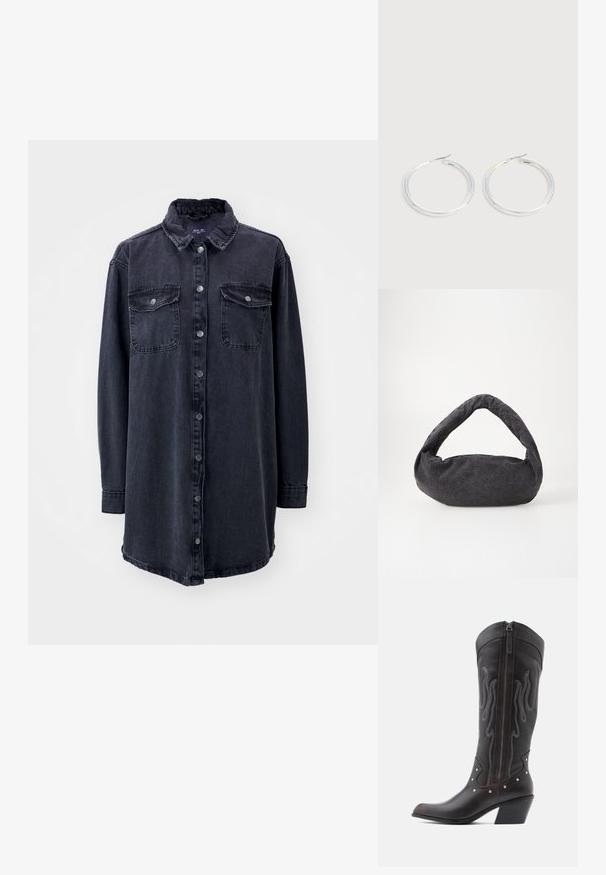 Dunkelblaustes Denim-Hemd mit Kragen, langen Ärmeln, vorderem Knopfverschluss und zwei Brusttaschen. Hat eine leicht lockere Passform und einen abgerundeten Saum.; Braune Cowboy-Stiefel aus Leder mit Flammenstickerei, seitlichem Reißverschluss, silbernen Nieten, spitzer Zehenpartie und geschichtetem Absatz.; Dunkelgraue Stofftasche mit einem gebogenen Griff, weicher Textur und runder Form. Keine sichtbaren Beschläge oder Verzierungen.; Paar glänzende silberne Creolen mit dünnen Drahtverschlüssen, dargestellt vor einem hellgrauen Hintergrund.