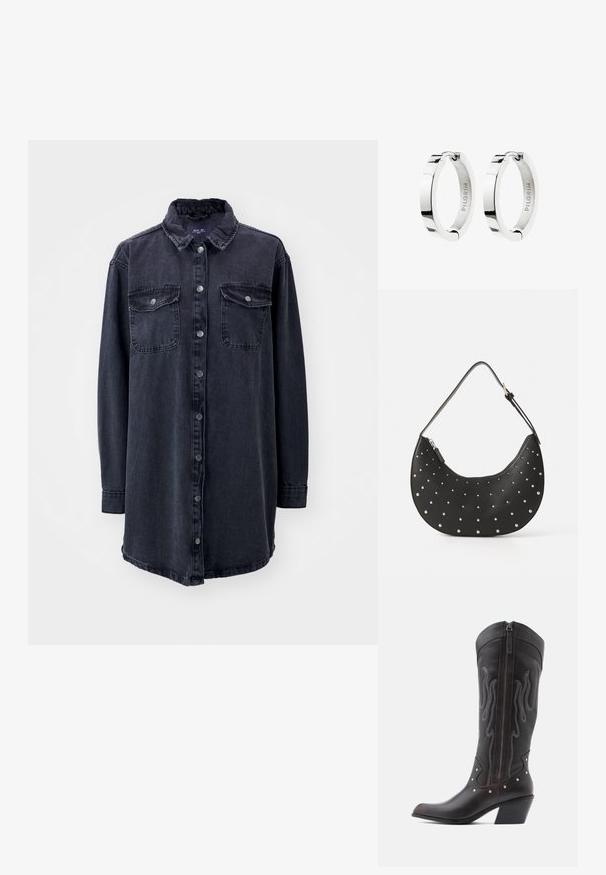 Donker spijkerhemd met een kraag, lange mouwen, knopen aan de voorkant en twee borstzakken. Heeft een licht losvallende pasvorm en een gebogen zoom.; Bruine leren cowboylaarzen met vlamstiksels, zijrits, zilveren studs, spits toelopende neus en gestapelde hak.; Zwarte leren handtas met een gebogen vorm, versierd met zilveren studs, voorzien van een ritssluiting en een enkele verstelbare schouderband.; Een paar gepolijste zilveren oorringen met scharnier sluiting, aan de binnenkant gegraveerd met de merknaam "PILGRIM".