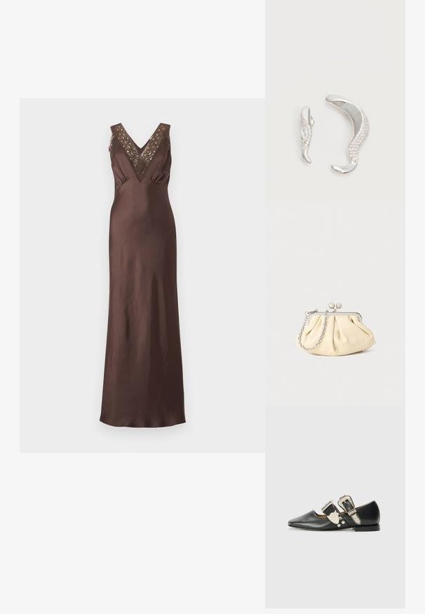 Robe maxi marron en satin sans manches avec un décolleté en V et des détails en dentelle aux épaules et à la poitrine.; Chaussure plate en cuir noir avec un bout pointu, des accents de boucle en argent et des rivets décoratifs. Elle possède un petit talon et une texture lisse.; Pochette en cuir beige plissé avec un cadre en métal argenté, dotée de deux fermoirs ronds décoratifs et d'une chaîne en argent.; Deux boucles d'oreilles argentées courbées, l'une plus grande que l'autre, toutes deux ornées de petits cristaux scintillants le long d'un bord.