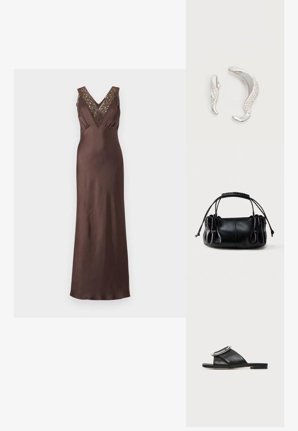 Robe maxi marron en satin sans manches avec un décolleté en V et des détails en dentelle aux épaules et à la poitrine.; Sandale plate noire à enfiler avec large bride en cuir matelassée et grande boucle argentée sur fond blanc.; Sac à main en cuir noir avec côtés froncés, poignée tressée et fermetures réglables par cordon sur fond clair.; Deux boucles d'oreilles argentées courbées, l'une plus grande que l'autre, toutes deux ornées de petits cristaux scintillants le long d'un bord.