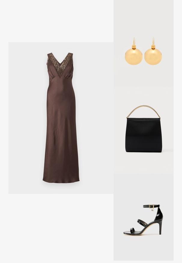 Robe maxi marron en satin sans manches avec un décolleté en V et des détails en dentelle aux épaules et à la poitrine.; Sandale en cuir verni noir avec trois brides, boucle de cheville et talon aiguille de 10 cm. Présente un détail en métal doré et un charm logo.; Sac noir en tissu lisse, présentant une forme structurée, une poignée en chaîne dorée et un design géométrique minimaliste.; Paire de boucles d'oreilles boule de Noël dorées brillantes avec fermoirs à crochet sur fond blanc uni.