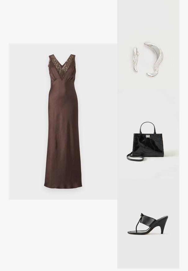 Brown satin sleeveless maxi dress with V-neckline and lace detailing at the shoulders and bust.; Black high-heeled sandal with a wide front strap and a toe loop featuring a knotted cord detail, shown in side profile on a white background.; Black patent leather handbag with rounded handles, a detachable shoulder strap, and silver clasp closure on plain white background.; Two curved silver earrings, one larger than the other, both adorned with small sparkling crystals along one edge.