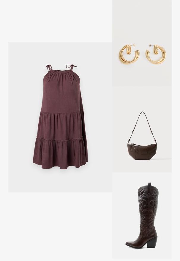 Robe violette sans manches côtelée avec bretelles ajustables et jupe à volants plissée sur fond neutre.; Botte de cowboy haute en cuir marron foncé avec motifs décoratifs cousus, bout pointu et talon bloc empilé.; Sac à bandoulière en cuir marron avec un fond incurvé et une sangle réglable sur un fond clair uni.; Paire de boucles d'oreilles créoles doubles en or brillant avec attaches à tige sur fond blanc.