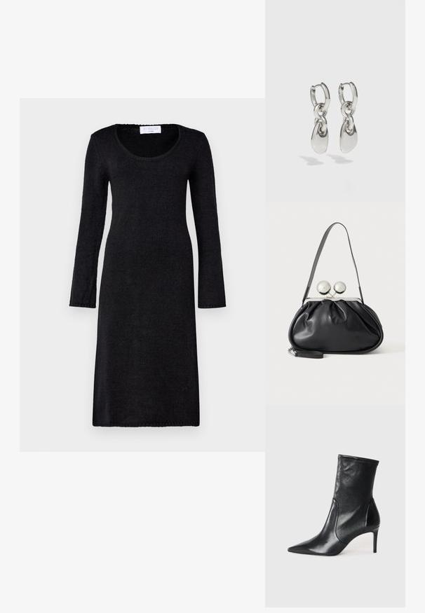 Vestido negro de manga larga con escote redondeado, hecho de una tela de punto texturizada, con un corte recto y bordes acanalados.; Botas negras hasta el tobillo hechas de cuero suave, con punta afilada, caña ajustada y tacón alto delgado. Diseño minimalista sin herrajes visibles.; Bolso de mano de cuero negro con diseño fruncido, una sola correa, marco metálico plateado y dos cierres grandes redondos de plata.; Pendientes de aro de plata con enlaces ovalados alargados, con un acabado pulido y un colgante con textura. Diseño sencillo con bordes suaves.
