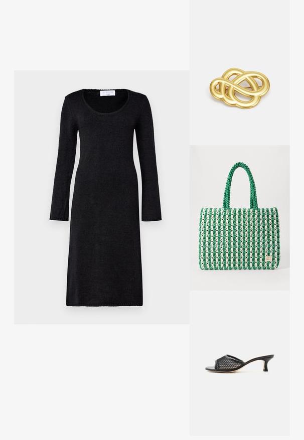 Robe noire à manches longues avec un décolleté arrondi, fabriquée en tissu tricoté texturé, présentant une coupe droite et des bords côtelés.; Mule noire à bout ouvert avec empeigne en mesh et petit talon kitten, vue de profil sur fond uni.; Sac fourre-tout tissé vert et blanc avec une forme rectangulaire structurée, une finition texturée et deux poignées solides. Présente une étiquette de logo sur le côté.; Broche doré présentant un design noué avec des lignes lisses et courbées, et une forme complexe, reflétant une finition polie.