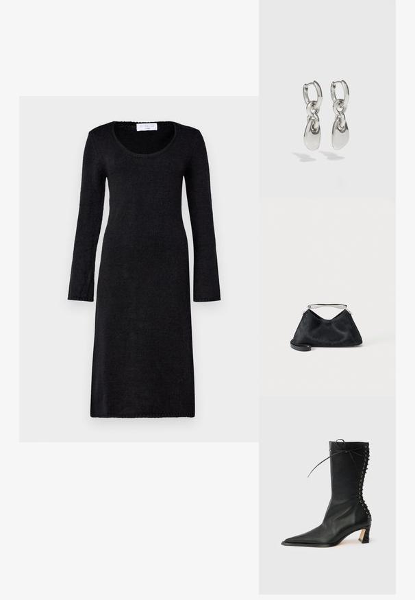 Schwarzes Langarmkleid mit rundem Ausschnitt, aus strukturiertem Strickstoff gefertigt, mit geradem Schnitt und gerippten Kanten.; Schwarzer Leder-Stiefelette mit spitzer Zehenpartie, schlankem Absatz, Schnürdetail an der Rückseite und Metallösen. Glatte Textur mit elegantem Design.; Kleine schwarze Handtasche mit silbernem Griff und einem zusätzlichen schwarzen Riemen, auf einem einfachen hellen Hintergrund präsentiert.; Silberne Creolen mit verlängerten ovalen Gliedern, die eine polierte Oberfläche und einen strukturierten Anhänger aufweisen. Einfaches Design mit glatten Kanten.