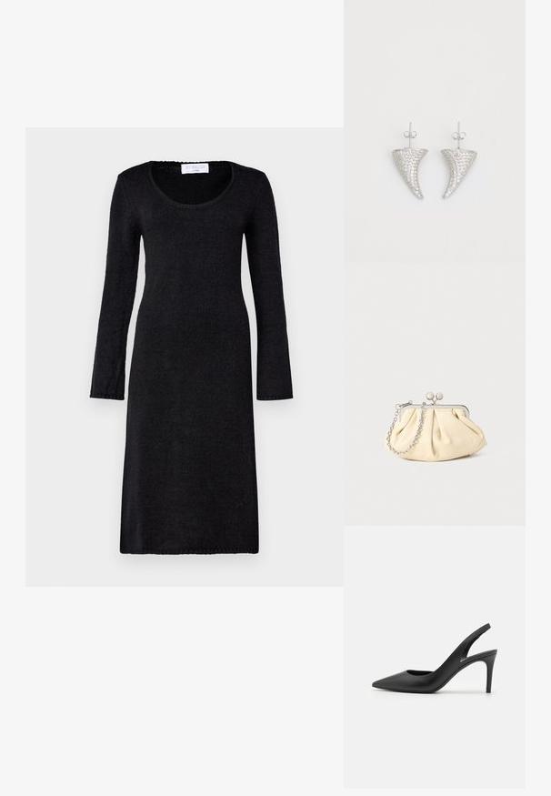 Vestido negro de manga larga con escote redondeado, hecho de una tela de punto texturizada, con un corte recto y bordes acanalados.; Zapatos de tacón alto de cuero negro con diseño de punta afilada, que presentan un corte en la parte delantera y un delgado tacón de aguja.; Clutch de cuero beige plisado con un marco de metal plateado, que cuenta con dos broches decorativos redondos y una correa de cadena plateada.; Pendientes en forma de cuerno plateado, engastados con pequeñas piedras transparentes, que cuentan con un cierre trasero para su sujeción. Textura suave y acabado metálico.