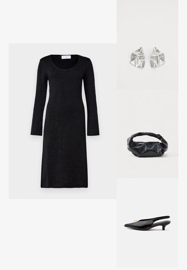 Robe noire à manches longues avec un décolleté arrondi, fabriquée en tissu tricoté texturé, présentant une coupe droite et des bords côtelés.; Escarpin slingback noir en cuir verni à petit talon kitten, avec un bout pointu et un petit ornement rond doré sur le dessus.; Sac noir en matériau texturé et brillant avec une poignée circulaire torsadée et une fermeture éclair. Présente un design doux et froissé.; Boucles d'oreilles en métal argenté avec un design ondulé et sculptural, présentant une finition polie et des formes irrégulières, mettant en valeur une esthétique contemporaine.