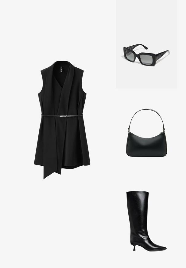 Veste sans manches noire ceinturée avec un large revers drapé et un ourlet légèrement évasé, présentée sur un fond blanc.; Boot en cuir noir, montant jusqu'au genou, avec un bout pointu, une silhouette élancée et un talon carré bas, le tout avec une finition brillante.; Lunettes de soleil rectangulaires noires avec des verres teintés gris. Monture en plastique brillante, avec des branches noires texturées et un logo discret.; Sac à bandoulière en cuir noir avec une forme arrondie, une seule sangle plate et une fermeture éclair supérieure. Texture lisse avec des détails matériels minimalistes.
