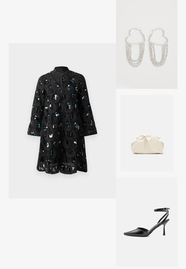 Vestido negro de manga larga con cuello alto, tapeta abotonada y patrones circulares de lentejuelas que crean un diseño texturizado y brillante.; Zapato de tacón alto negro de punta fina con delgadas correas en el tobillo y cierre de hebilla plateada sobre un fondo liso claro.; Bolso de mano de cuero suave de color crema con diseño fruncido y plisado y una delgada correa para el hombro que descansa delante sobre un fondo liso.; Pendientes de aro plateados en forma de corazón, con hebras en cascada de strass transparentes que aportan un brillo y textura adicionales.