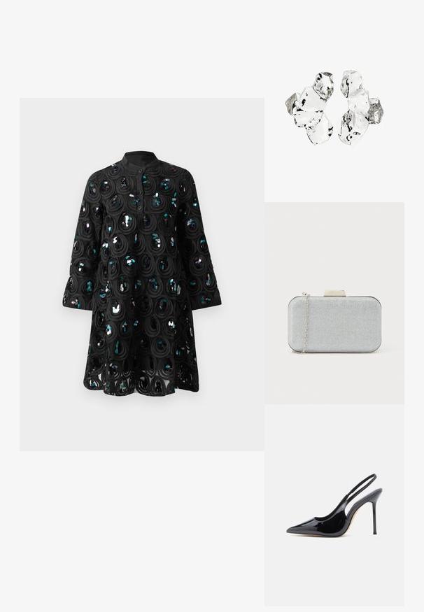 Sort langærmet kjole med høj krave, knaplukning og cirkulære pailletmønstre, der skaber et tekstureret, skinnende design.; Sort slingback-pumpe i laklæder med spids tå, slank høj hæl og et buet udskæringsdesign på siden. Glat, skinnende finish.; Metallisk sølvfarvet rektangulær clutch med en tekstureret overflade, sølvkæde rem og en geometrisk spænde på toppen. Glatte kanter.; Klynge af seks uregelmæssigt formede, gennemsigtige og reflekterende glaslignende stykker arrangeret på en hvid baggrund.