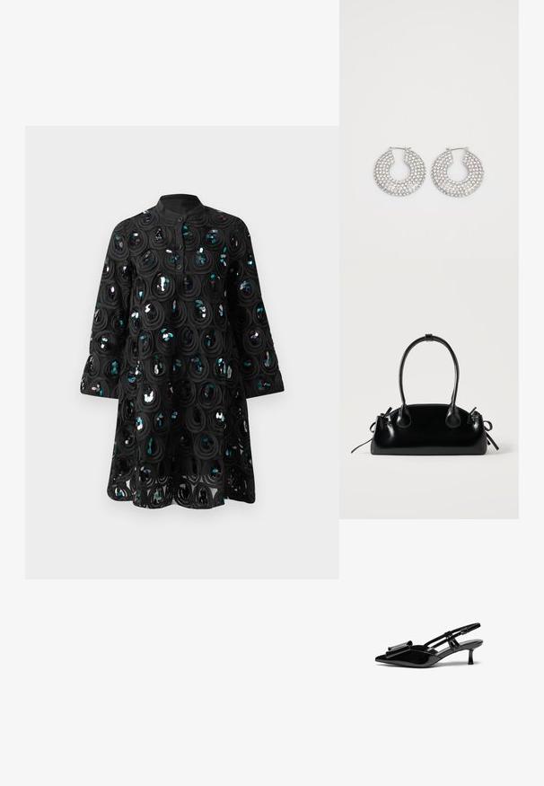 Vestido negro de manga larga con cuello alto, tapeta abotonada y patrones circulares de lentejuelas que crean un diseño texturizado y brillante.; Zapatos de tacón slingback de charol negro con punta afilada, detalle de lazo en el frente y un pequeño tacón de aguja. Las correas tienen hebillas ajustables.; Pequeño bolso negro brillante con dos asas largas y detalles de cordón lateral sobre un fondo claro liso.; Aros de plata en forma de aro adornados con múltiples embellishments de cristal transparente, con una superficie texturizada y un diseño circular abierto.