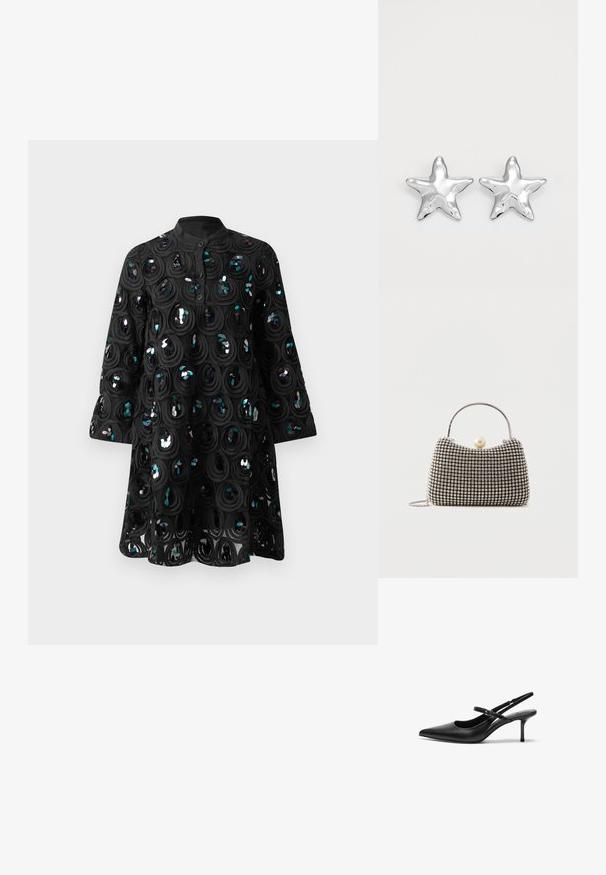Sort langærmet kjole med høj krave, knaplukning og cirkulære pailletmønstre, der skaber et tekstureret, skinnende design.; Sorte læder slingback hæle med spids tå, slank justerbar rem og en stiletto hæl på cirka 5 cm, glat tekstur.; Lille håndtaske med sølv gittermønster, buet håndtag, stor perle lukning og en tynd sølvkæde strop på en ensfarvet baggrund.; Sølvstjernede øreringe med en poleret, blank overflade. Hver ørering har fem spidser og subtile teksturdetaljer på overfladen.